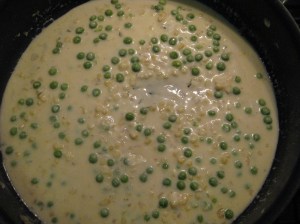 Shrimp Crepes add corn and Mornay Shrimp Crepes in Mornay Sauce with Peas and Corn