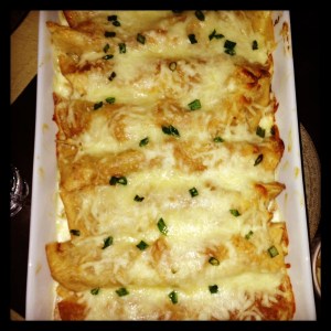 chicken enchiladas suiza out of the oven