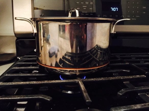 This is a terrible picture of my copper core cookware from All Clad at exactly 7:07pm